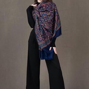 Pashmkala Women’s Pashmina Shawl, Jamawar, Floral Design, Blue