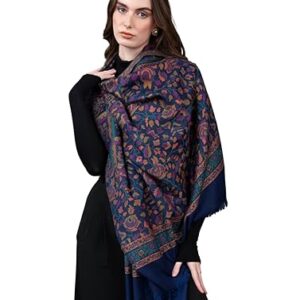 Pashmkala Women’s Pashmina Shawl, Jamawar, Floral Design, Blue
