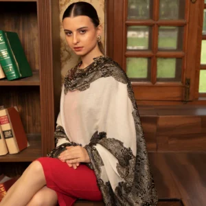 Pashmkala Women White & Black Shawl With Lace, lace shawl, black shawl online