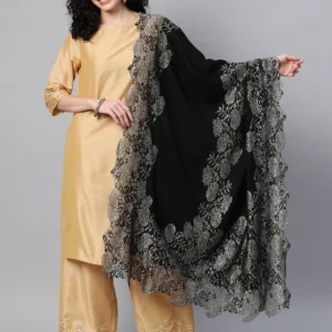 Pashmkala Women Black Shawl with lace, winter shawls for women