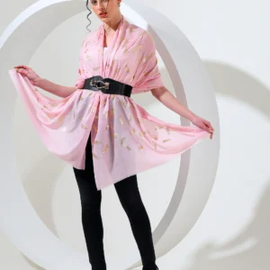 Pashmkala Women Pink shawl with gold leaf, best printed shawl online