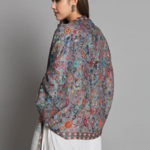 Pashmkala Women Grey kalamkari shawl with floral design an ideal bridal shawl