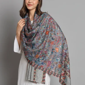 Pashmkala Women Grey kalamkari shawl with floral design an ideal bridal shawl