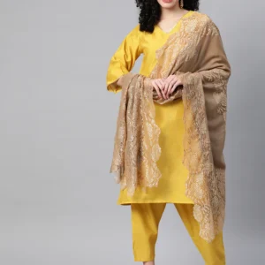 Pashmkala Women Golden Shawl with lace, winter shawls for women