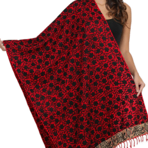 Pashmkala Women Red And Black Embroidered Flower and Roses on Border Wool Phulkari Stole