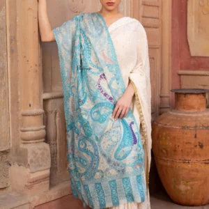 Pashmkala Women Kalamkari Shawl with Hand Embroidered Outline Work, <br>Fine Wool, Samarkand Blue