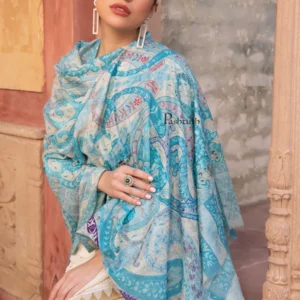 Pashmkala Women Kalamkari Shawl with Hand Embroidered Outline Work, <br>Fine Wool, Samarkand Blue